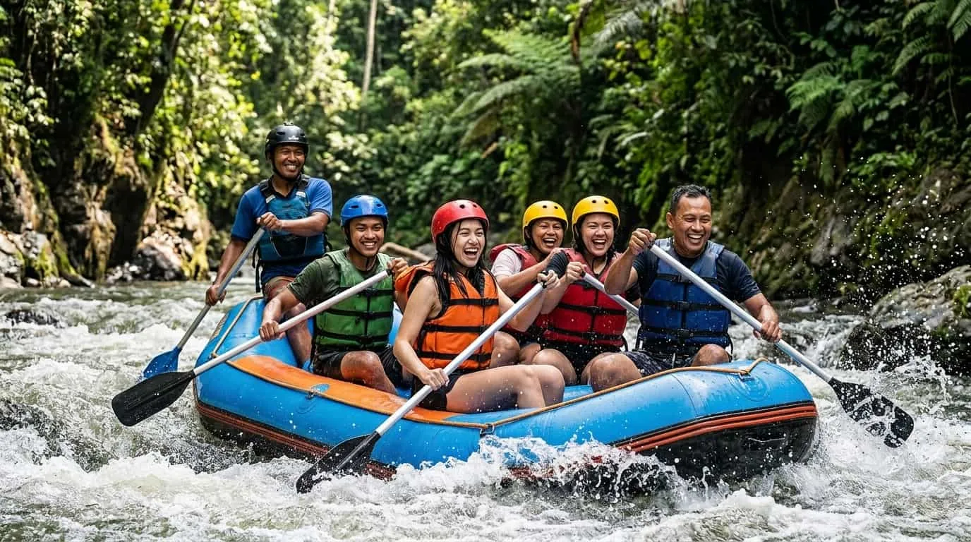 Peserta rafting berfoto bersama di Sungai Cisadane setelah menyelesaikan track